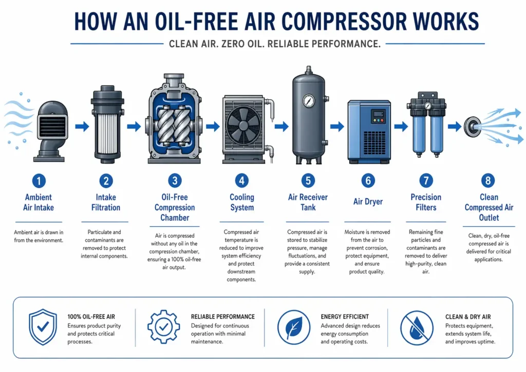 принцип работы безмасляного воздушного компрессора блок-схема